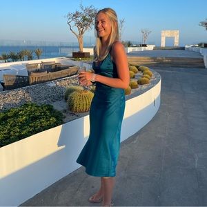 Blue Lace Up Back Slip Midi Dress